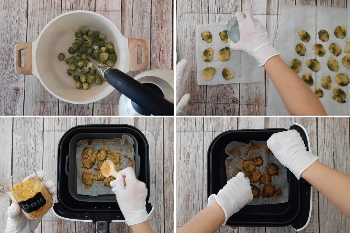 The process of making Crispy Smashed Brussels Sprouts.