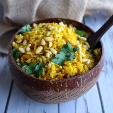 Easy Mediterranean Yellow Rice in a bowl.