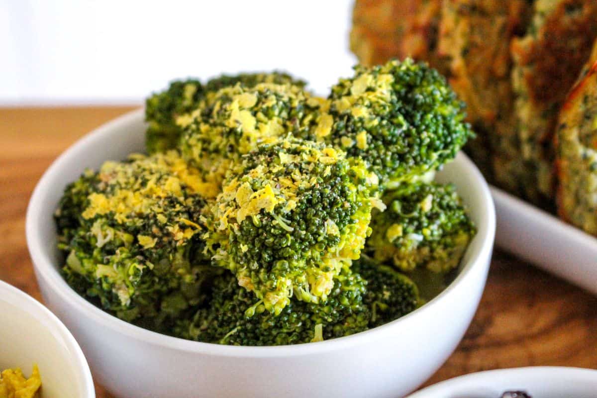 Vegan Cheesy Broccoli, meatloaf, gravy and mash potato.