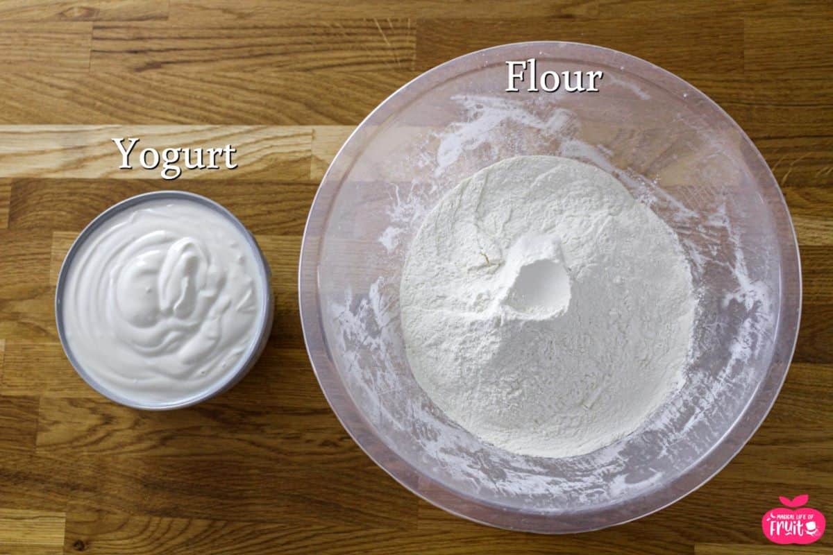 Ingredients for Gyro Pita Bread Recipe (Pocketless Pita), Flour and Yogurt.