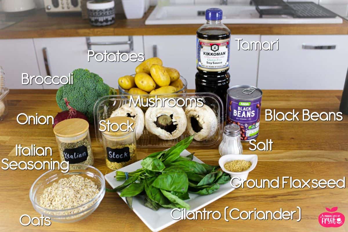 Ingredients For Vegan Meatloaf with labels.