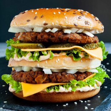 Meaty Vegan TVP Burger (Big Mac Style).