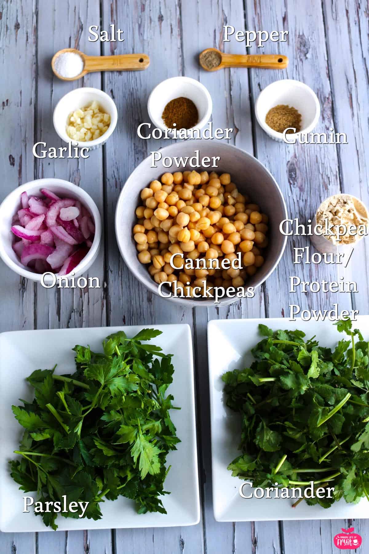 Ingredients for Middle East Falafel Recipe,salt, pepper, garlic, coriander powder, cumin, chickpea flour, canned chickpeas, onion, parsley, coriander.