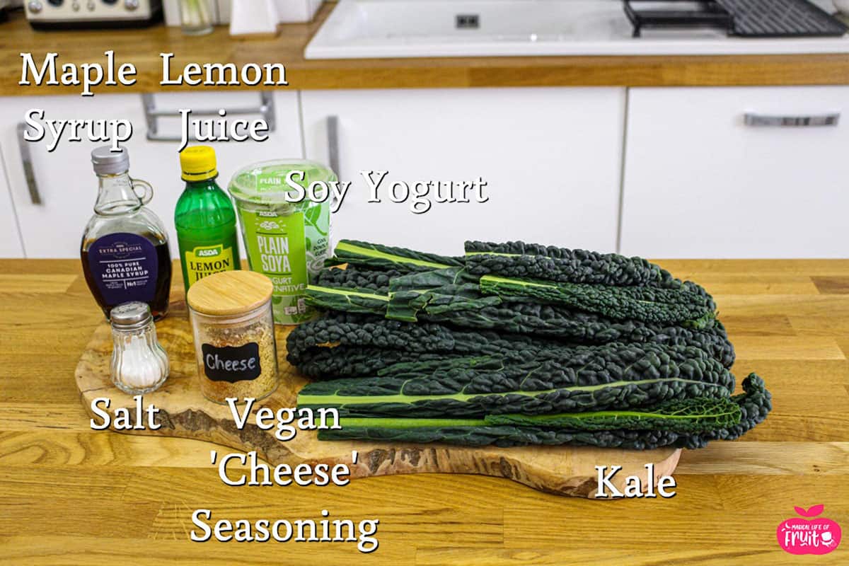 Ingredients for Nacho Cheese Baked Kale Chips, maple syrup, lemon juice, soy yogurt, salt, vegan 'cheese' seasoning, kale.