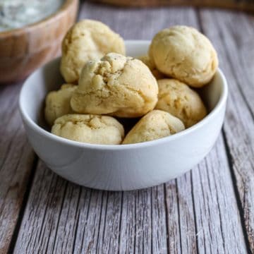 3 Ingredient Gluten Free Dough Balls in a bowl on the table.