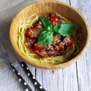 Quick Red Lentil Spaghetti Bolognese with fork & knife