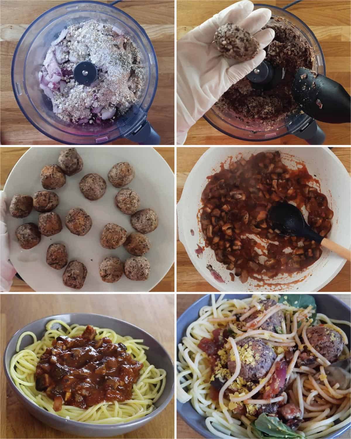 The process of making vegan meatballs and spaghetti.