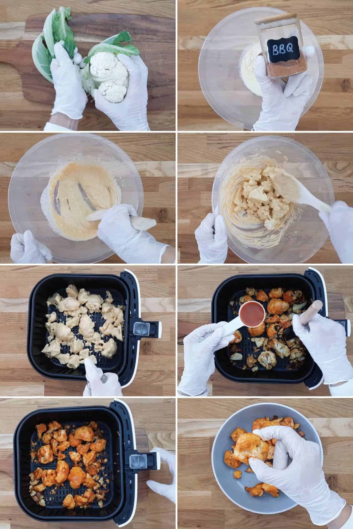 The process of making Spicy Vegan Cauliflower Buffalo Wings.