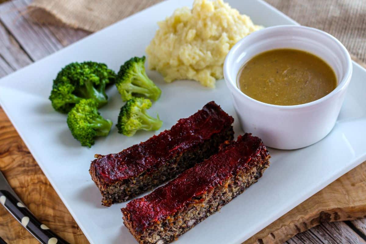 The Ultimate Vegan Meatloaf With Gravy, broccoli and mash.