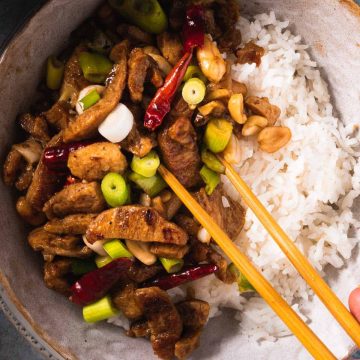 Vegan Kung Pao Chicken with Soy Curls.